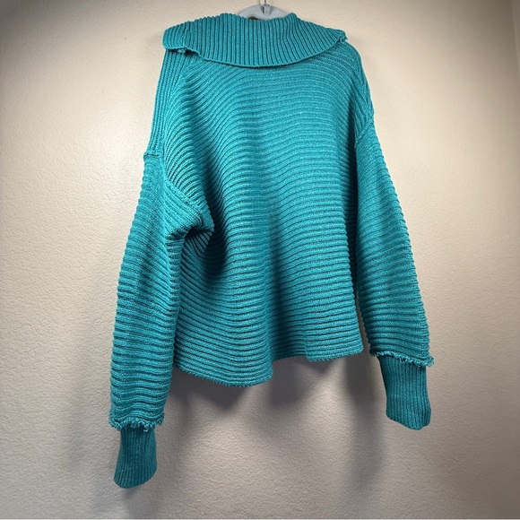 Free People Marlie Pullover V Neck Ribbed Knit Sweater Blue Green Oversized S - Picture 7 of 10